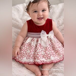 Bonnie Baby Holiday Dress – Red Velvet & Embroidered Skirt (0–3 Months)